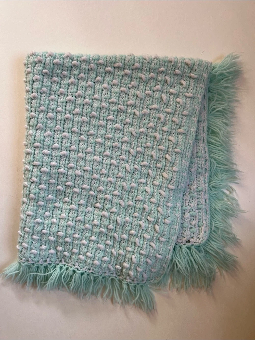 Vintage Handmade Textured Aqua Mint & White Fringe Baby or Lap Blanket